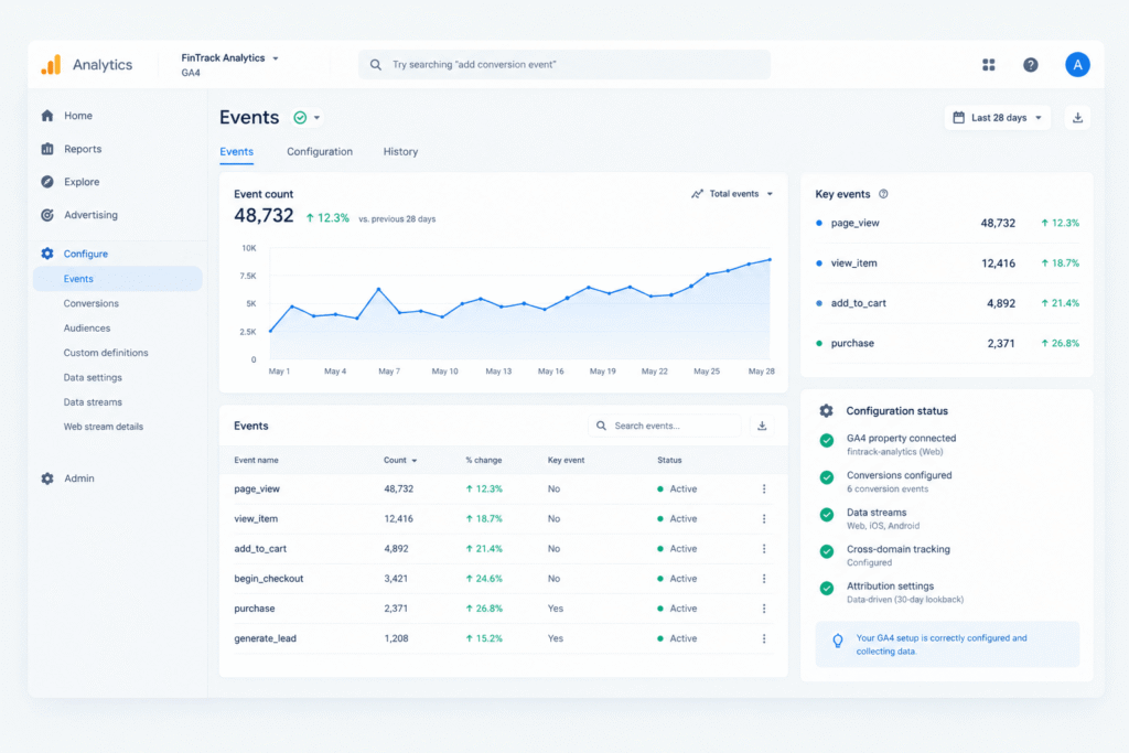 Review of GA4 event and conversion configuration during an analytics audit.
