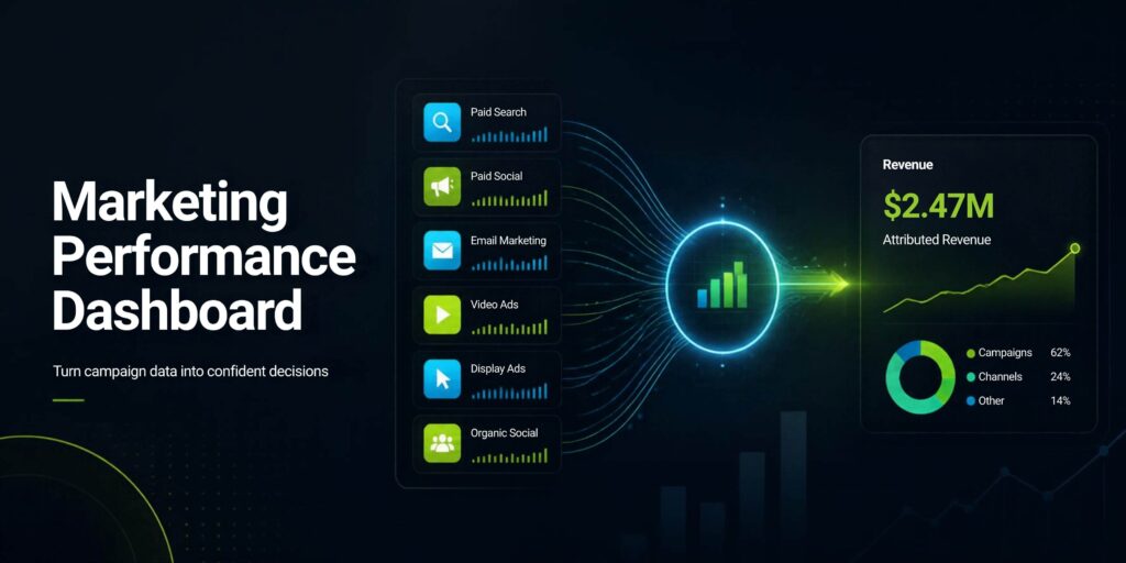 Example marketing performance dashboard showing ad spend, conversions, and ROI in one view.